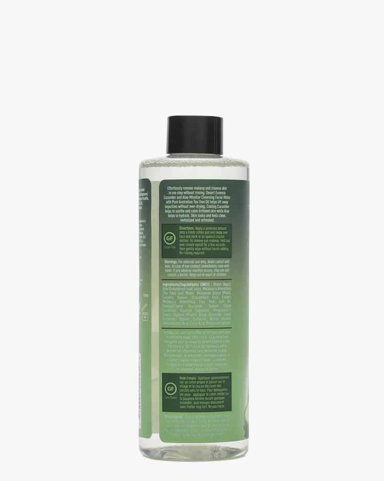Back of Cucumber & Aloe Micellar Cleansing Facial Water Label with Directions