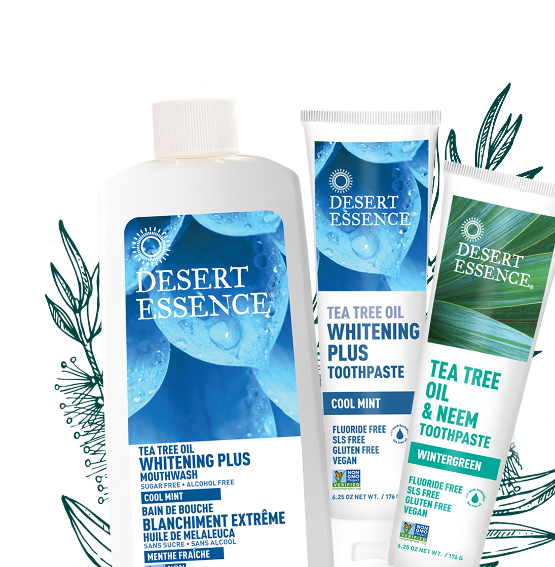 best selling oral care products featuring tea tree oil whitening plus mouthwash, tea tree oil whitening plus toothpaste and tea tree oil & neem toothpaste