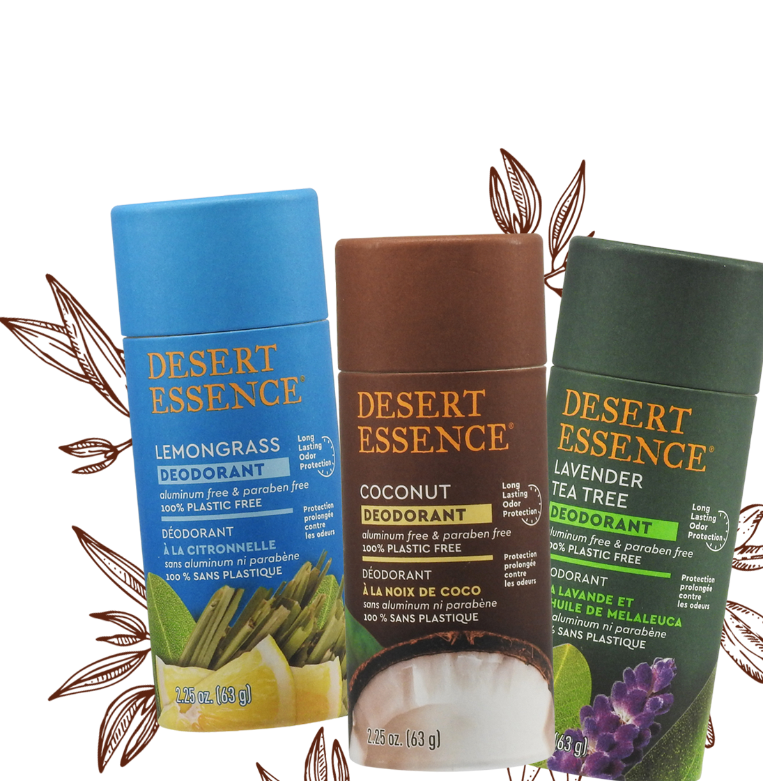 3 popular deodorants in 100% plastic free containers. lemongrass, coconut and lavender tea tree scents. aluminum free and paraben free deodorants.