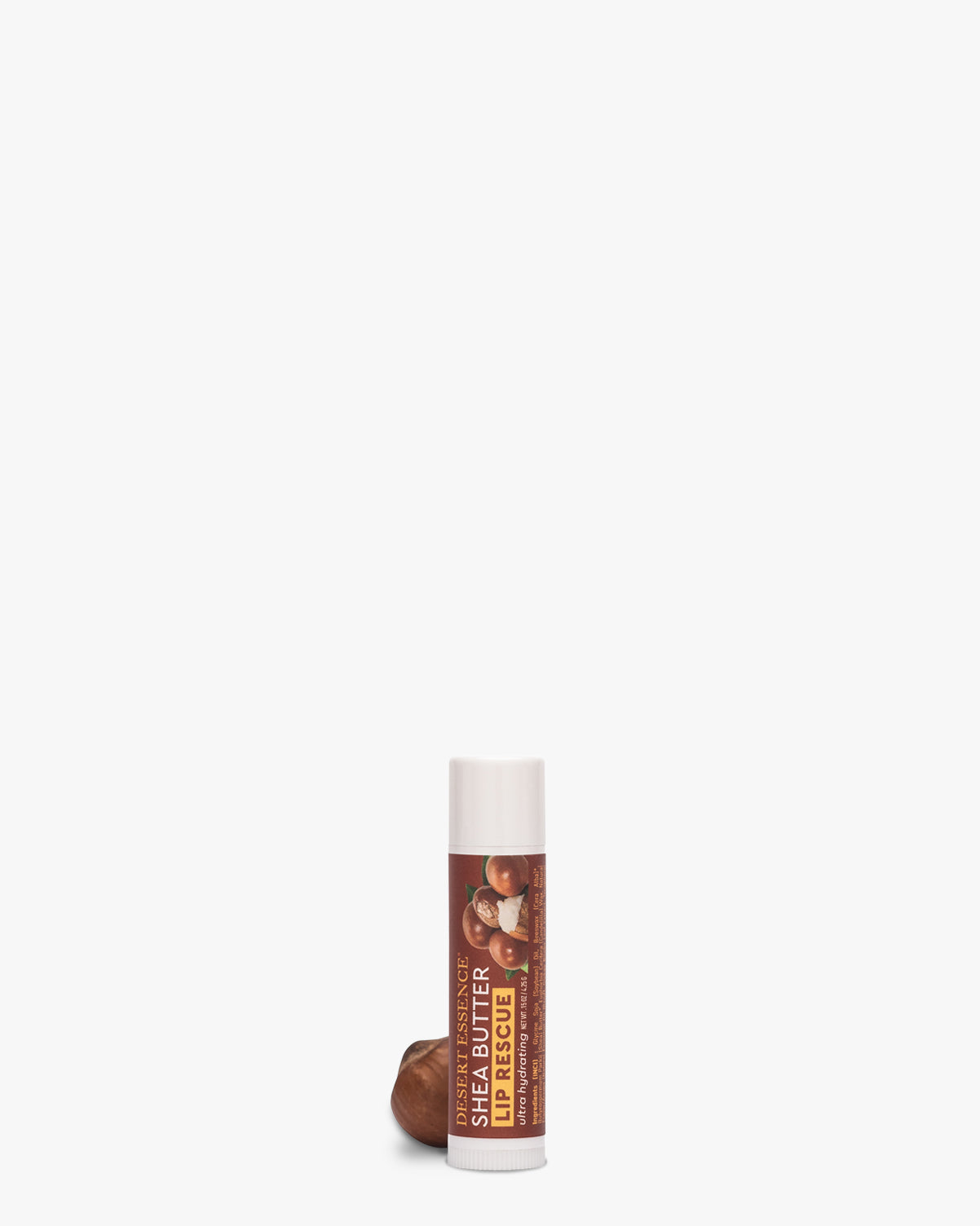 Lip Rescue Ultra Hydrating - Shea Butter lip balm stick in a white cylindrical tube with brown label design, featuring natural ingredients and organic shea butter, displayed against white background