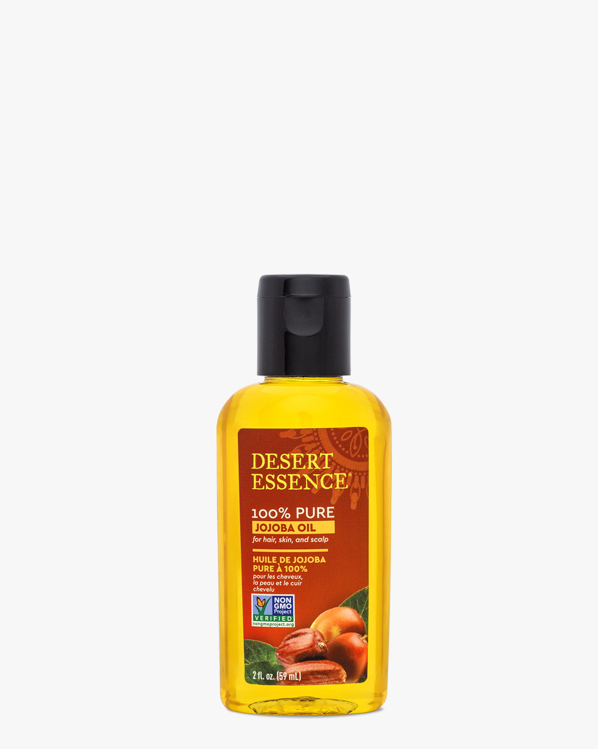 Desert Essence 100% Pure Jojoba Oil, 2 Fl Oz bottle featuring golden-yellow oil in clear plastic container with black cap, red label displaying product name and Non-GMO certification, ideal for hair, skin and scalp care.