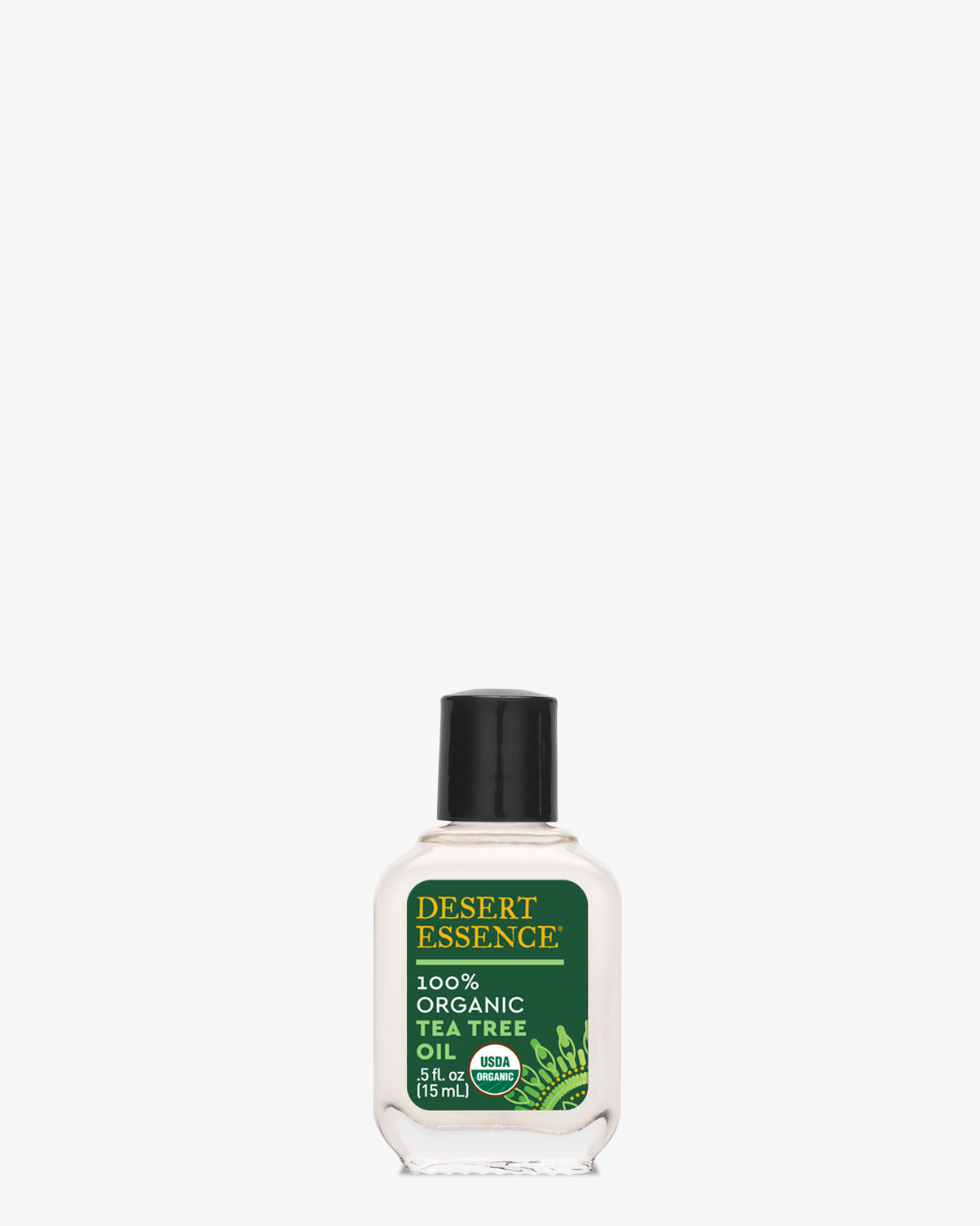 A clear glass bottle of Desert Essence Organic Tea Tree Oil with green label against white background, featuring USDA organic certification and brand logo. The bottle has a black screw cap and contains pure Australian tea tree essential oil.