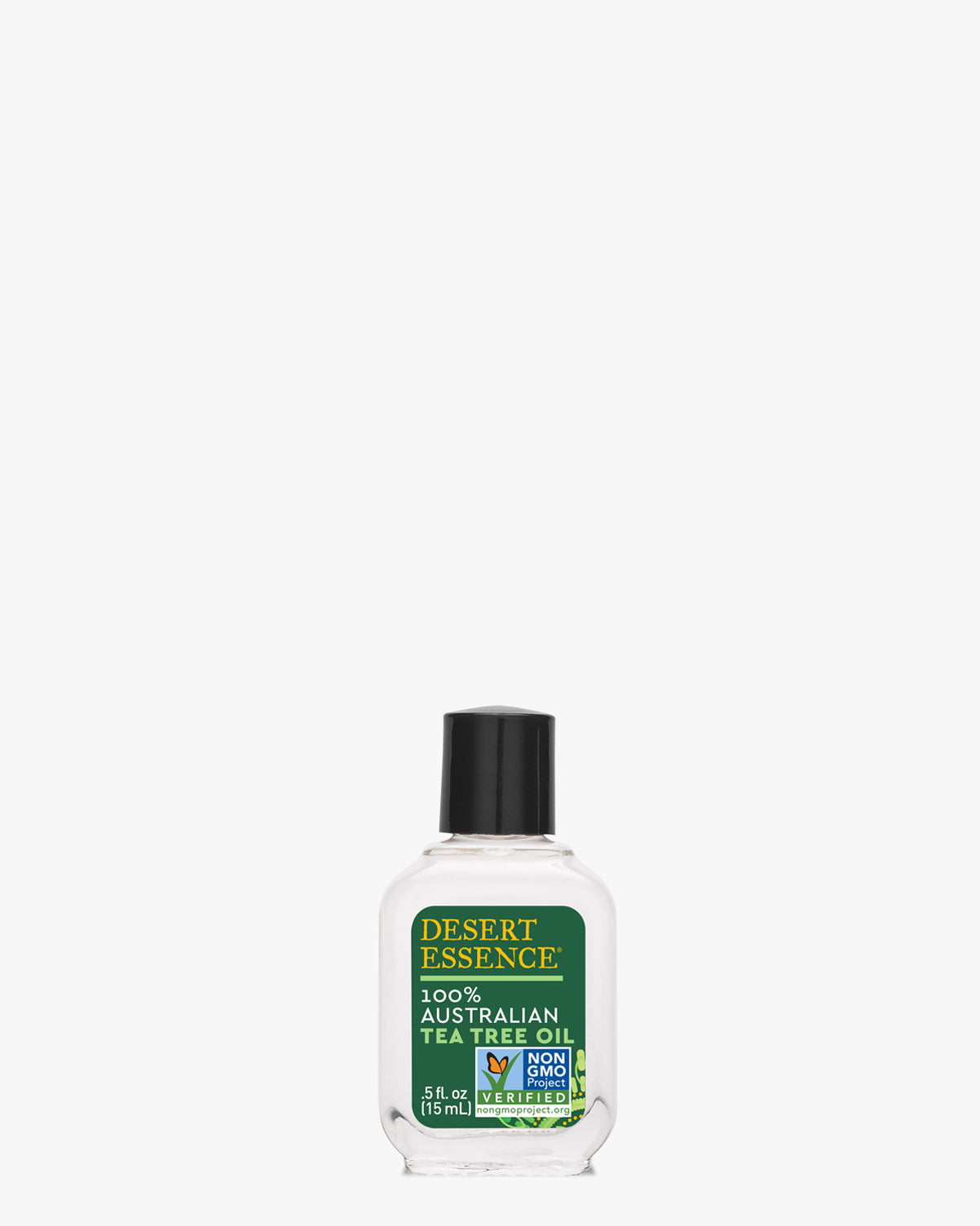 100% Australian Tea Tree Oil 0.5 Fl Oz bottle from Desert Essence featuring clear liquid in glass container with green label, black cap, and Non-GMO certification mark, shown against white background