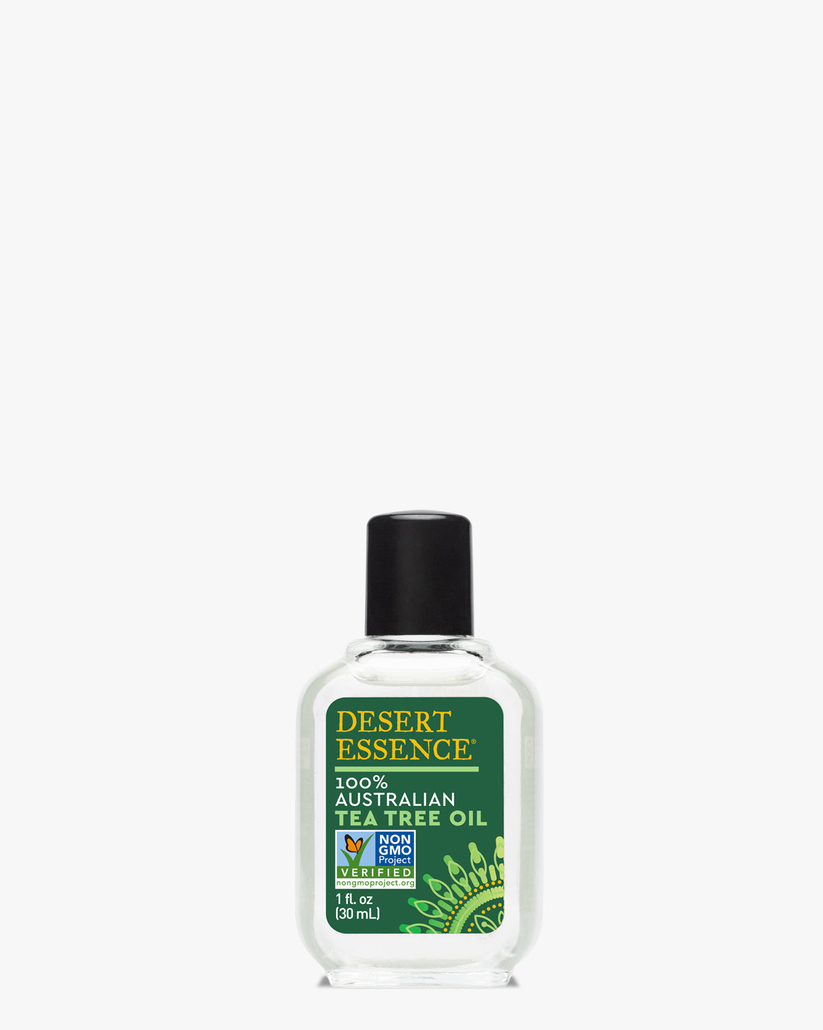 100% Australian Tea Tree Oil by Desert Essence in a clear glass bottle with green label, showing 1 fl oz size and natural certification badges against white background