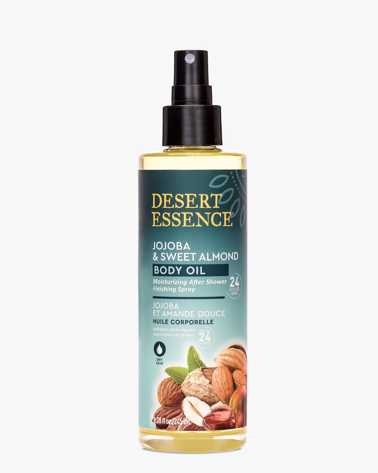 Desert Essence Jojoba & Sweet Almond Body Oil Spray bottle containing golden moisturizing oil with black spray nozzle, featuring teal label design and almond ingredient imagery on transparent background