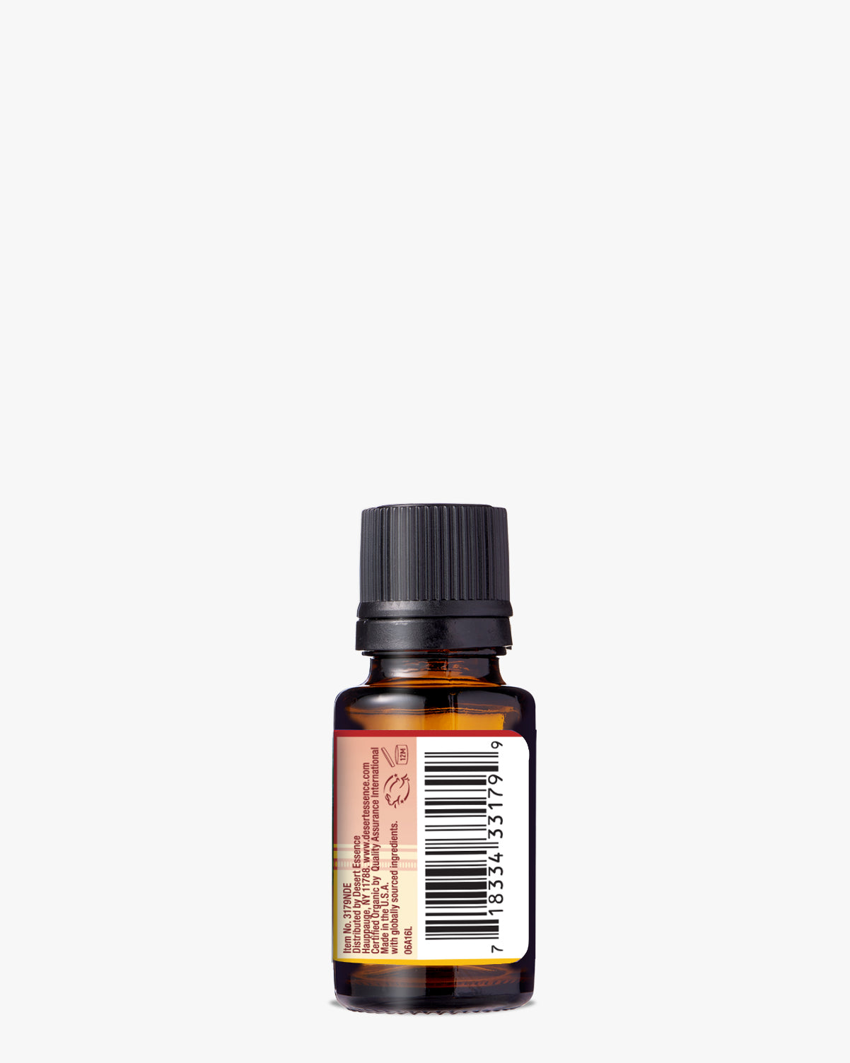 Mood Lifter Organic Essential Oil in amber glass bottle with black cap, featuring product label and barcode against white background. Natural aromatherapy blend containing nutmeg, rosemary, tea tree, citrus, and lemongrass oils.