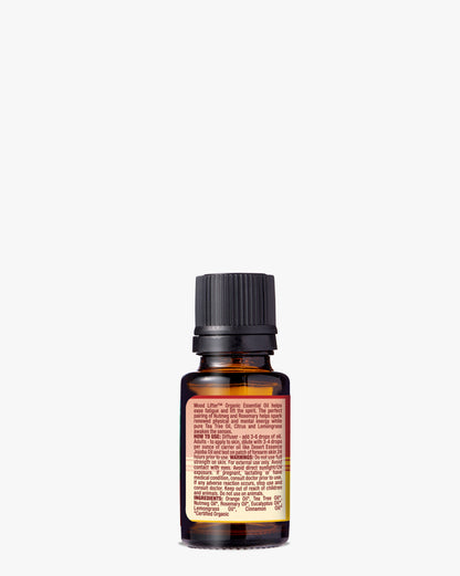 Mood Lifter Organic Essential Oil in amber glass bottle with black cap and pink label, containing energizing blend of nutmeg, rosemary, tea tree, citrus and lemongrass for natural aromatherapy and mood enhancement