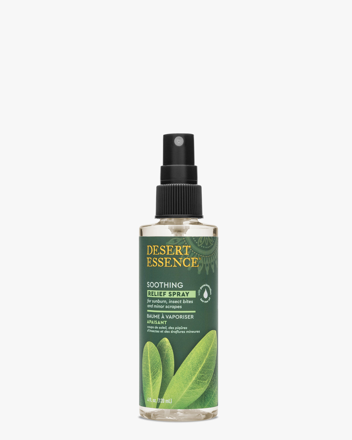 Tea Tree Oil Relief Spray bottle by Desert Essence featuring a clear spray container with green label and botanical leaf design, containing natural soothing formula for skin irritations and sunburn relief