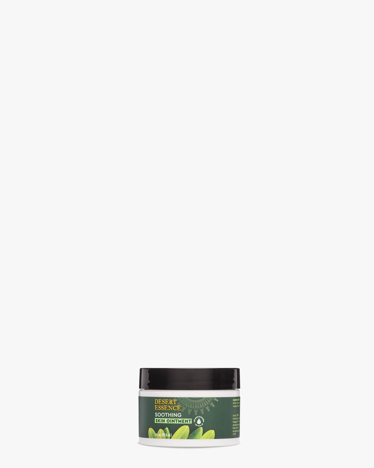 Tea Tree Oil Skin Ointment in a white jar with dark green label, featuring natural soothing and rehydrating blend of Sweet Almond Oil, Lavender, and Australian Tea Tree Oil for dry and irritated skin