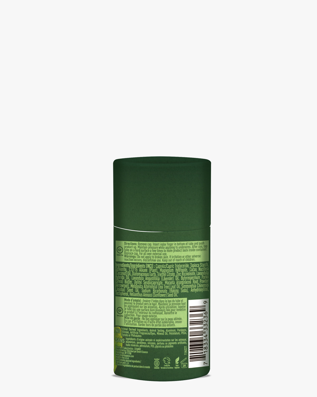 Tea Tree Lavender Deodorant in eco-friendly dark green paperboard tube, featuring product information and ingredients list on a gradient green label. Natural aluminum-free deodorant packaged in biodegradable sustainable packaging against white background.