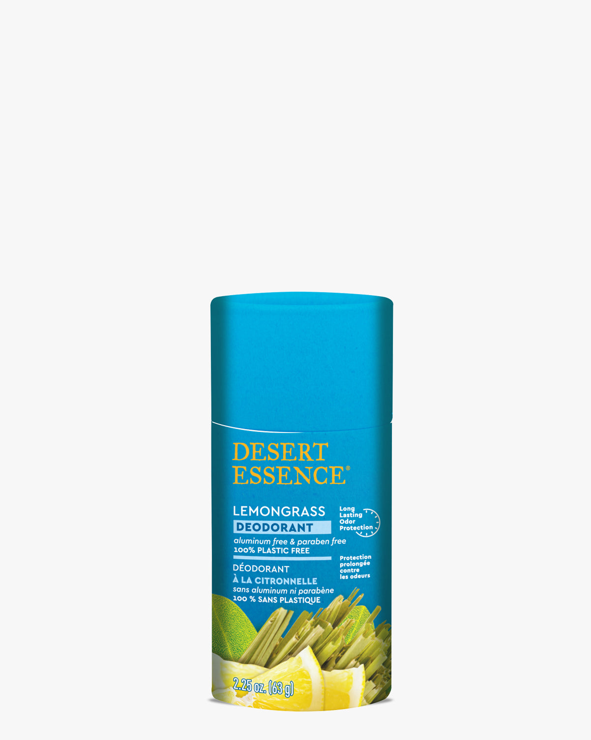 Lemongrass Deodorant in a bright turquoise eco-friendly paperboard tube with Desert Essence branding, featuring fresh lemongrass imagery in vibrant yellow and green against a white background.