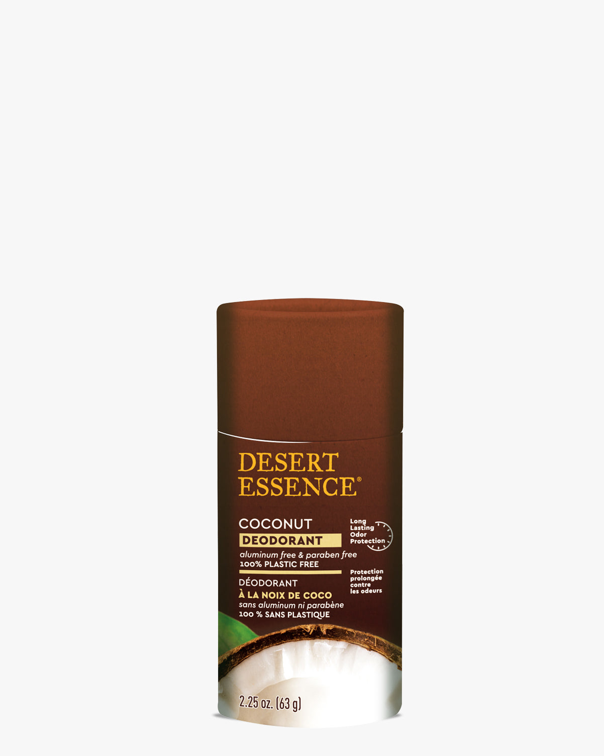 Desert Essence Coconut Deodorant in eco-friendly brown paperboard tube with tropical coconut and palm imagery. Natural aluminum-free deodorant featuring coconut oil and tea tree oil in sustainable packaging.