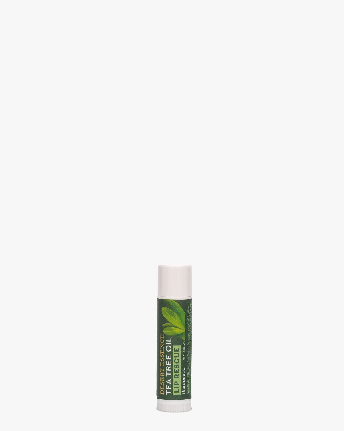 Lip Rescue Therapeutic Tea Tree Oil Lip Balm in a white cylindrical tube with green label featuring leaf design, positioned vertically against white background. Natural lip care product for dry, cracked lips with tea tree oil and botanical extracts.