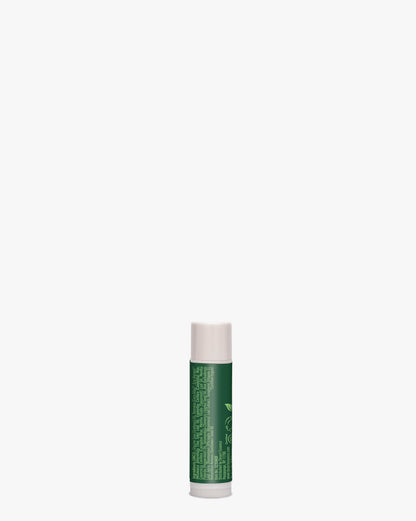 Lip Rescue Therapeutic Tea Tree Oil Lip Balm in a white cylindrical tube with green label, featuring natural ingredients for dry, cracked lips. Contains Tea Tree Oil, Vitamin E, and organic beeswax in a mint-flavored formula.