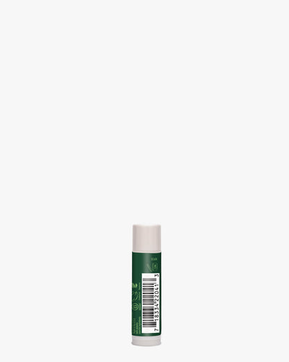 Lip Rescue Therapeutic Tea Tree Oil Lip Balm in a white cylindrical tube with green band, featuring all-natural ingredients for dry, cracked lips. Product shown against white background, displaying barcode and minimalist packaging design.