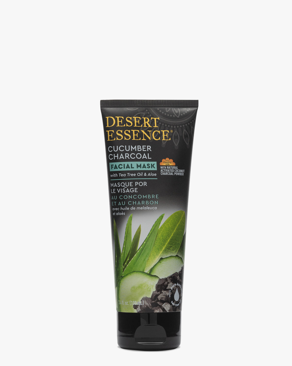 Desert Essence Cucumber Charcoal Face Mask tube featuring black packaging with gold lettering, green botanical illustrations of cucumber slices and leaves, and charcoal pieces against a white background. Product showcases natural skincare ingredients for detoxifying facial treatment.