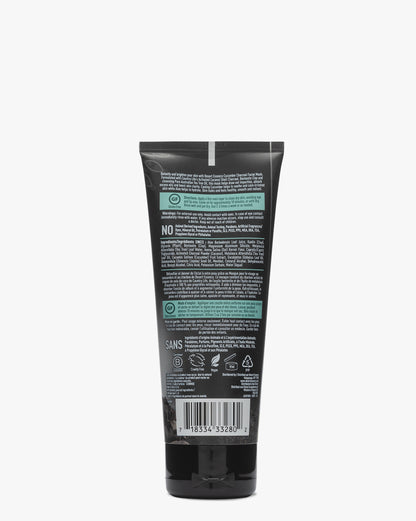 Cucumber Charcoal Face Mask in sleek black tube packaging with mint green text details showing product information and certifications on a white background, photographed from the back view.