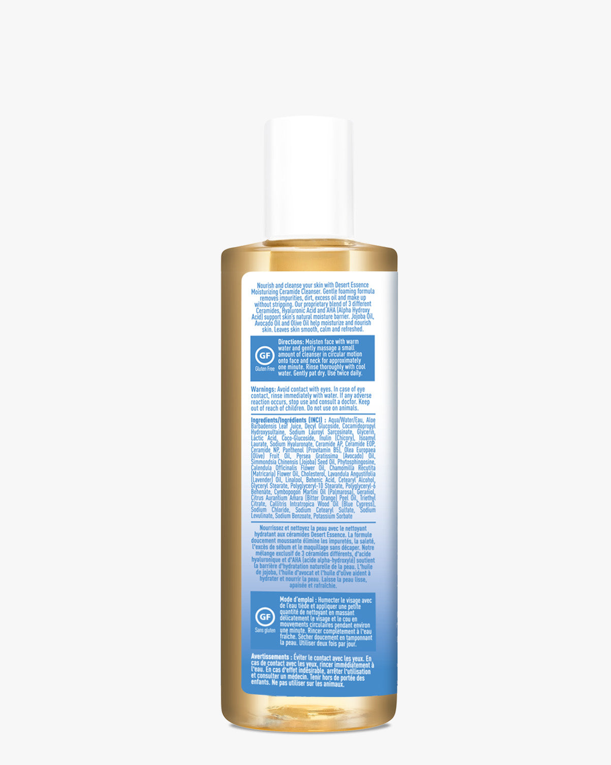 Moisturizing Ceramide Cleanser in a clear glass bottle with blue label showing ingredients and instructions. Golden-colored liquid cleanser with white cap, featuring ceramides, hyaluronic acid and natural oils for gentle daily cleansing and barrier support.