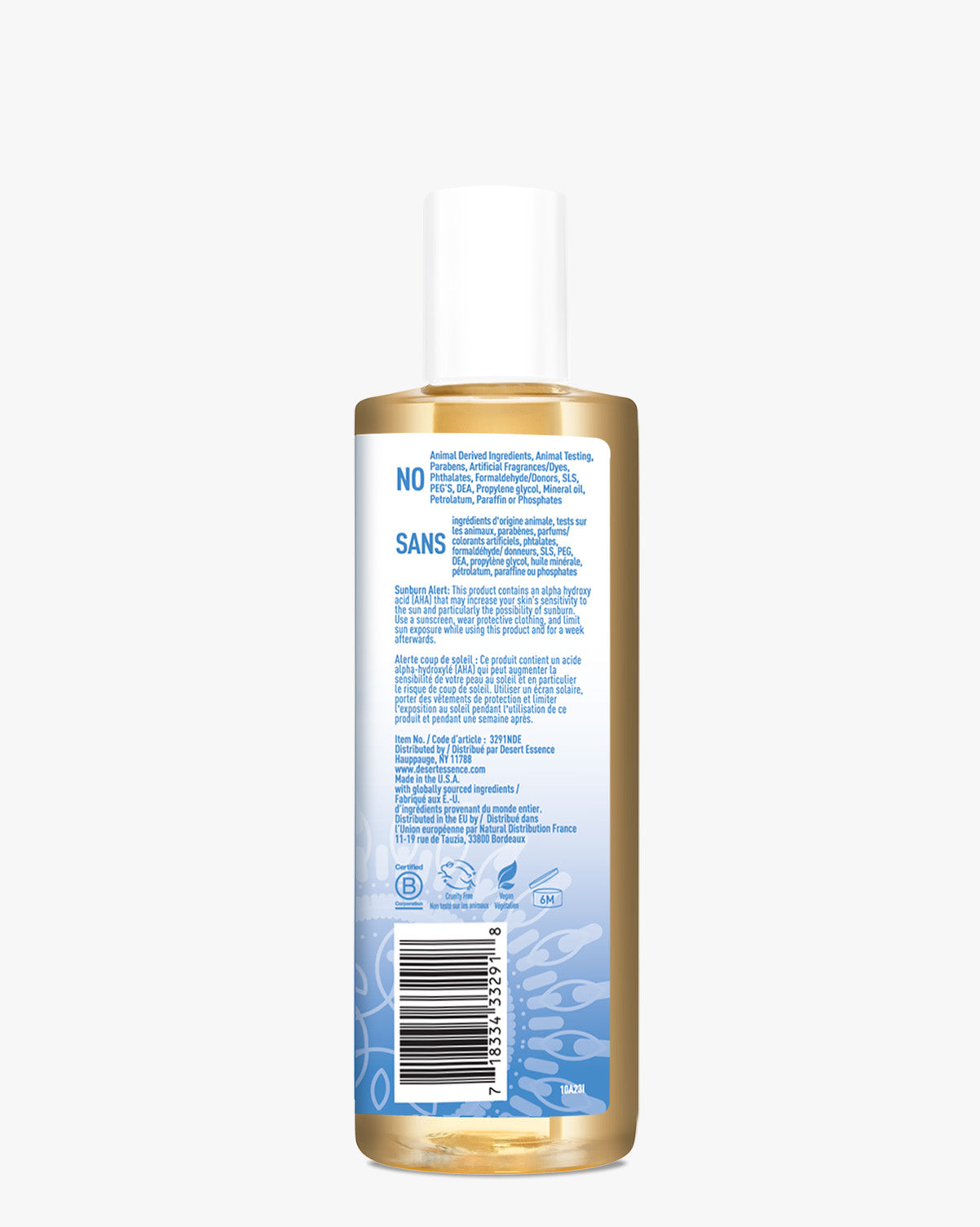 Moisturizing Ceramide Cleanser in a transparent bottle with gold-tinted liquid, featuring white cap and blue product information label. Back view showing detailed ingredient list and usage instructions against light blue background.