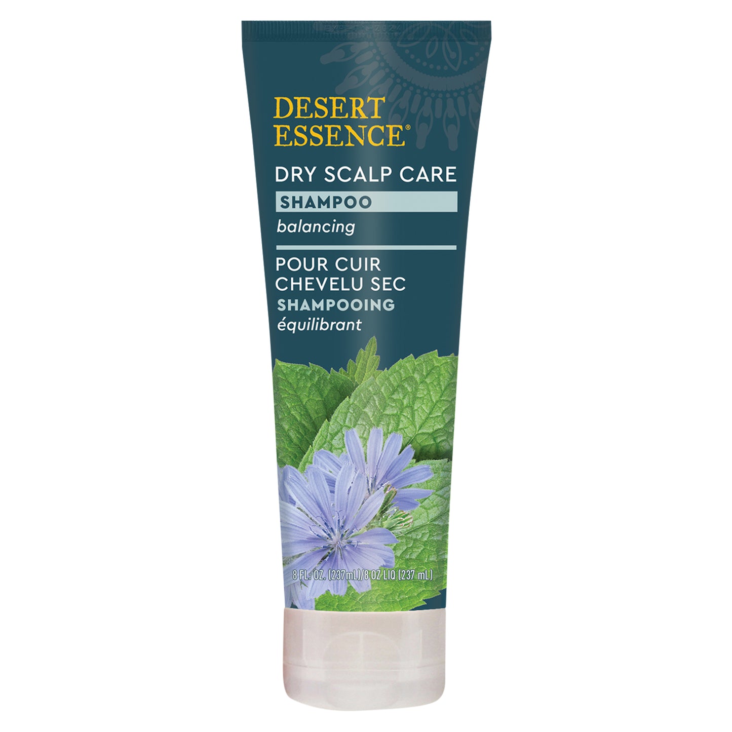 front of grey dry scalp care shampoo bottle with green leaf and purple flower on bottle