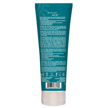 blue dry scalp care conditioner bottle back with how to use information as well as sunburn alert details and ingredients of the product.