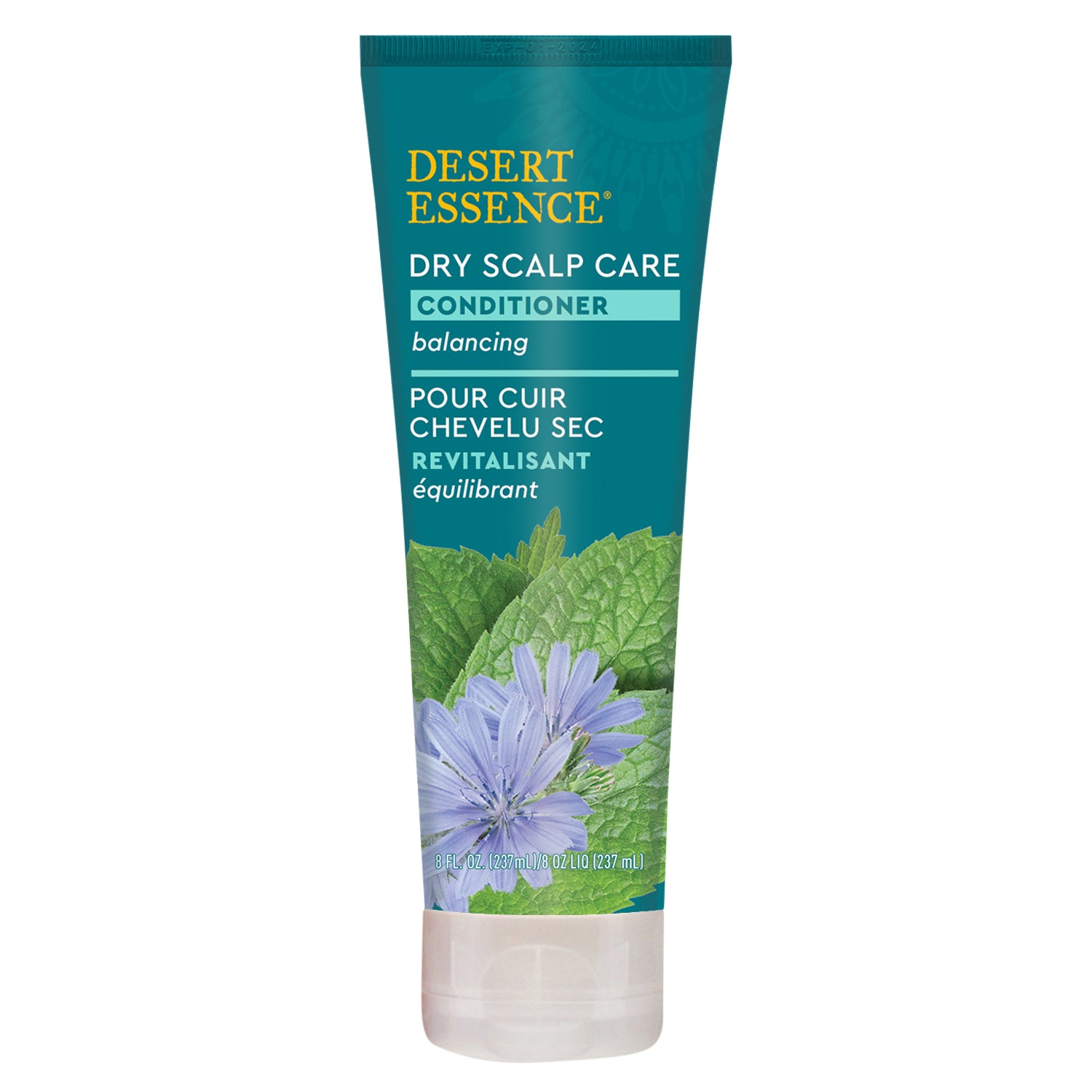 blue dry scalp care conditioner bottle with green leaf and purple flower on the front