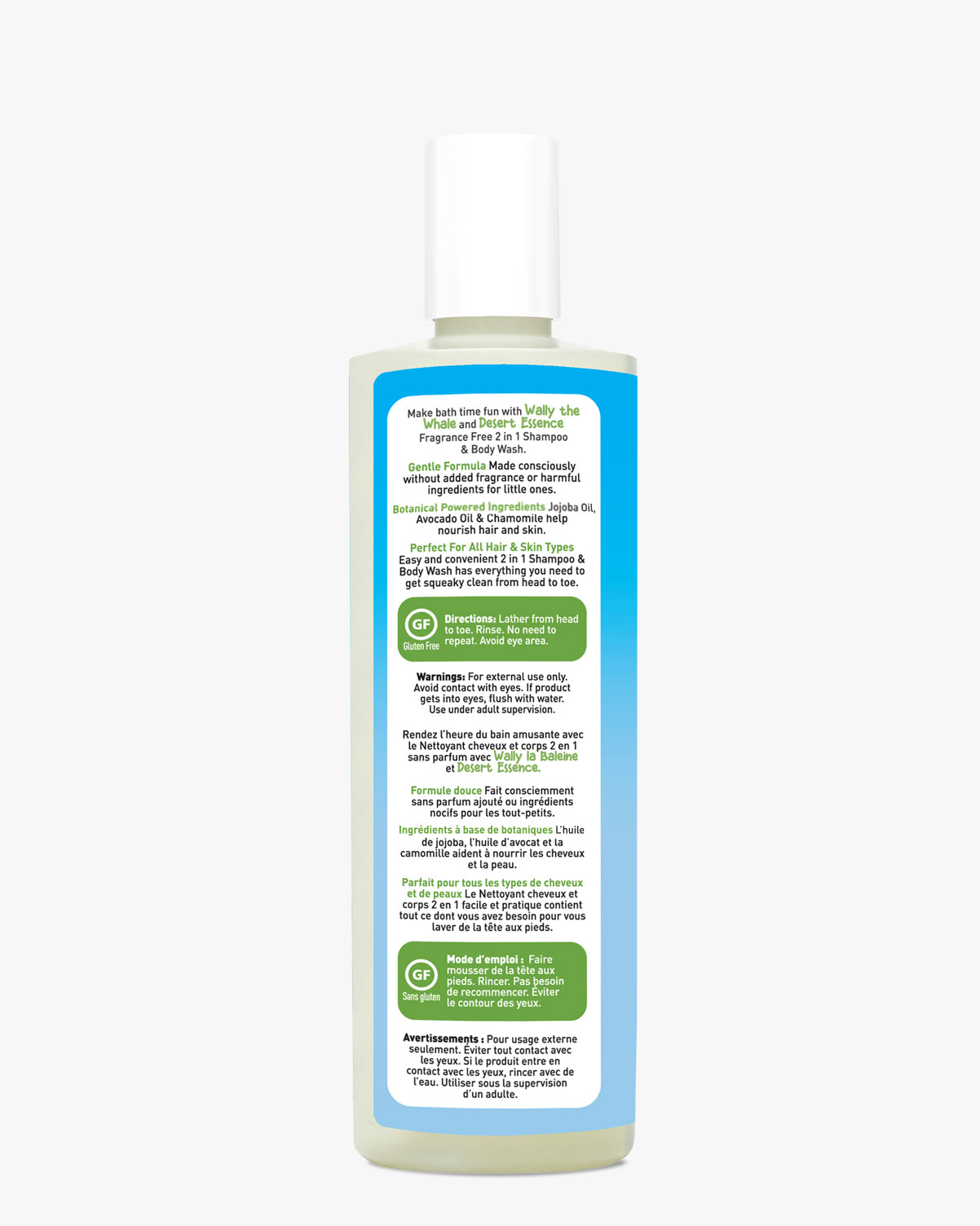 Clear plastic bottle of Fragrance Free Kids 2in1 Shampoo & Body Wash with blue and green label showing gentle formula ingredients and product information, featuring natural oils for sensitive skin