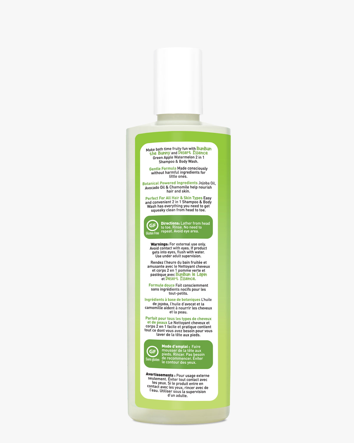 Green Apple Watermelon Kids 2in1 Shampoo & Body Wash bottle with clear liquid formula, featuring green label with product information and instructions, white cap, against white background. Natural and gentle formula for children's hair and skin care.