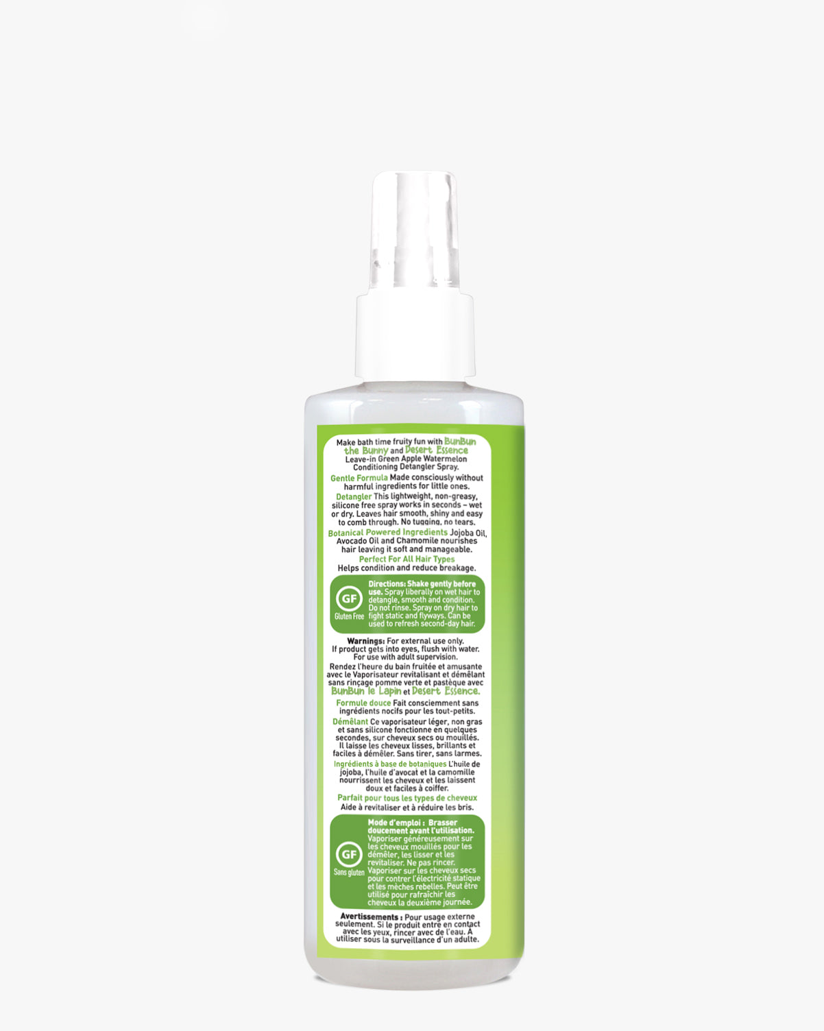 Green Apple Watermelon Conditioning Detangler Spray for Kids in a clear plastic spray bottle with white cap and green label showing product information and natural ingredients. Perfect for all hair types, featuring a gentle 8 fl. oz formula for easy detangling and hair care.