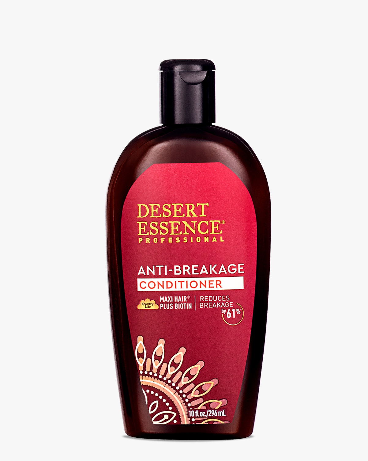 Desert Essence Anti-Breakage Conditioner bottle with burgundy label featuring gold text and decorative mandala design, promising 61% reduction in breakage. Professional hair care product in dark brown plastic container.