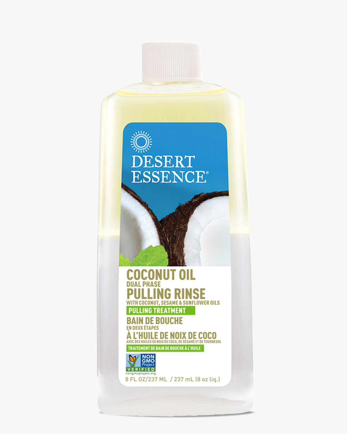 Desert Essence Coconut Oil Dual Phase Pulling Rinse bottle featuring a blue label with coconut imagery, containing dual-layered natural oral care solution for pulling treatment, displayed on white background. 8 fl oz clear bottle shows visible separation of oil and rinse phases.