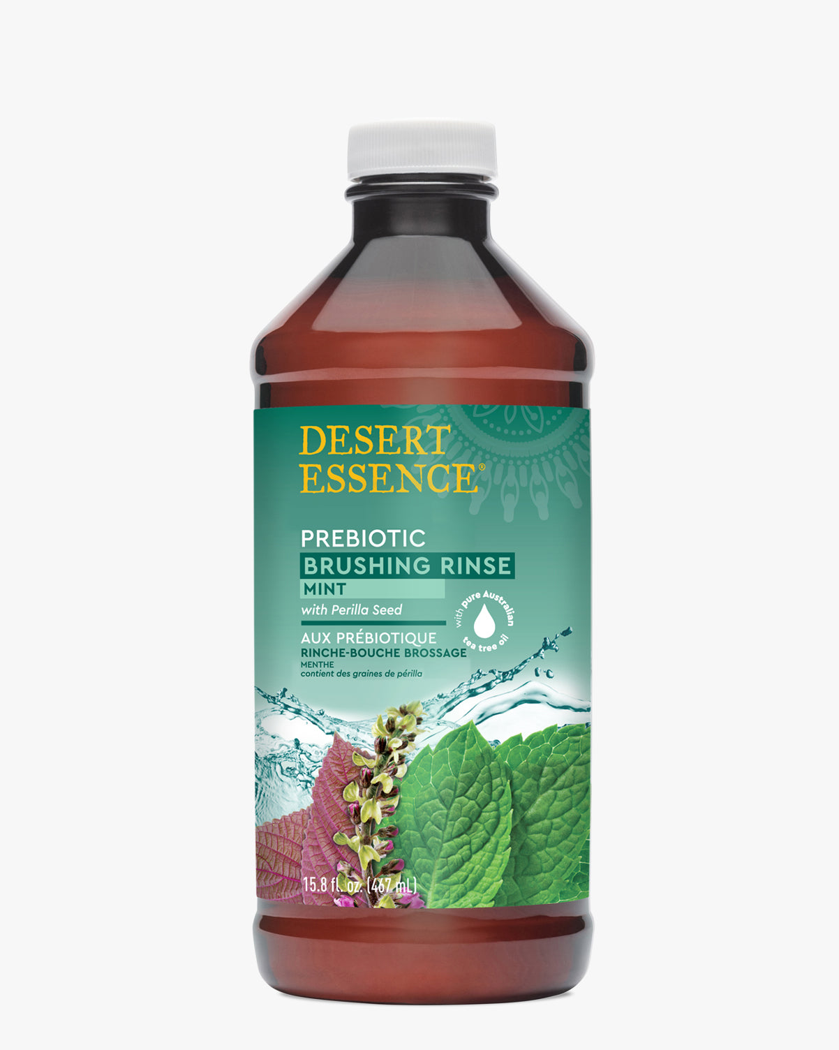 Prebiotic Brushing Rinse - Mint by Desert Essence in amber bottle with green label, featuring fresh mint leaf and water splash graphics. Natural dental rinse with botanical ingredients for oral health and fresh breath.