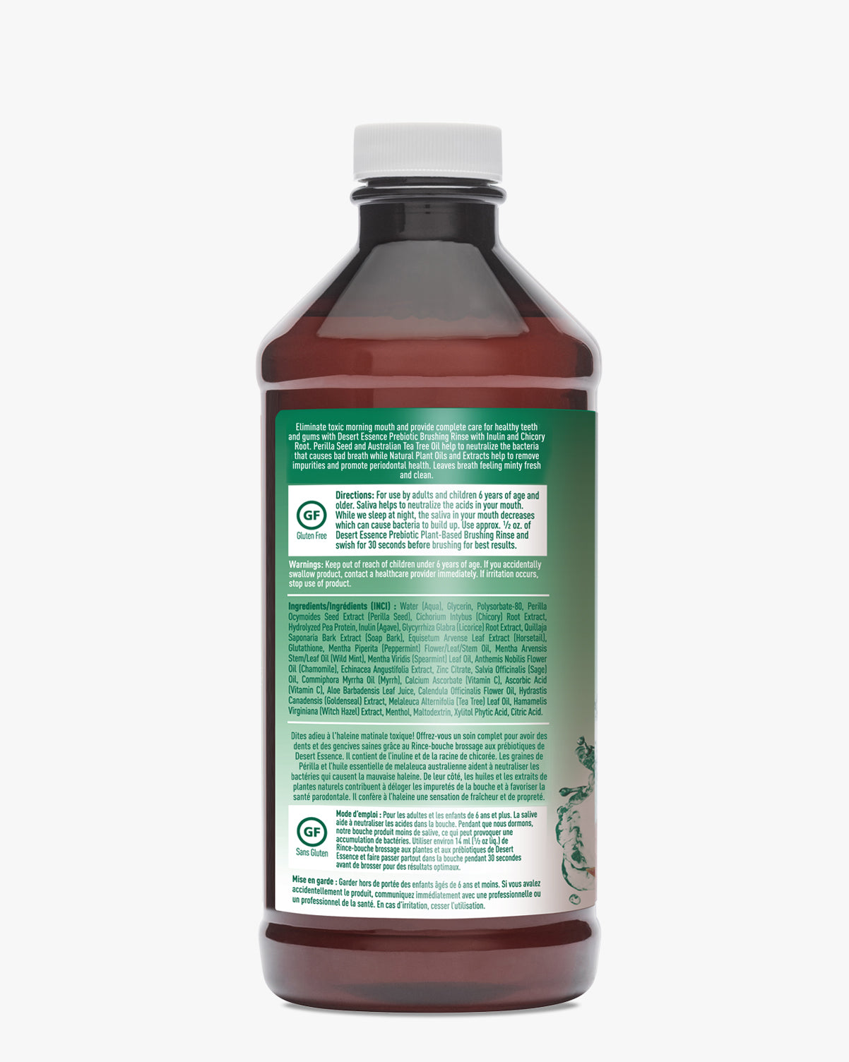 A brown glass bottle of Prebiotic Brushing Rinse - Mint with a white cap and green label featuring product information and instructions. The bottle is photographed against a clean white background, showing the back label with detailed ingredient list and usage directions.