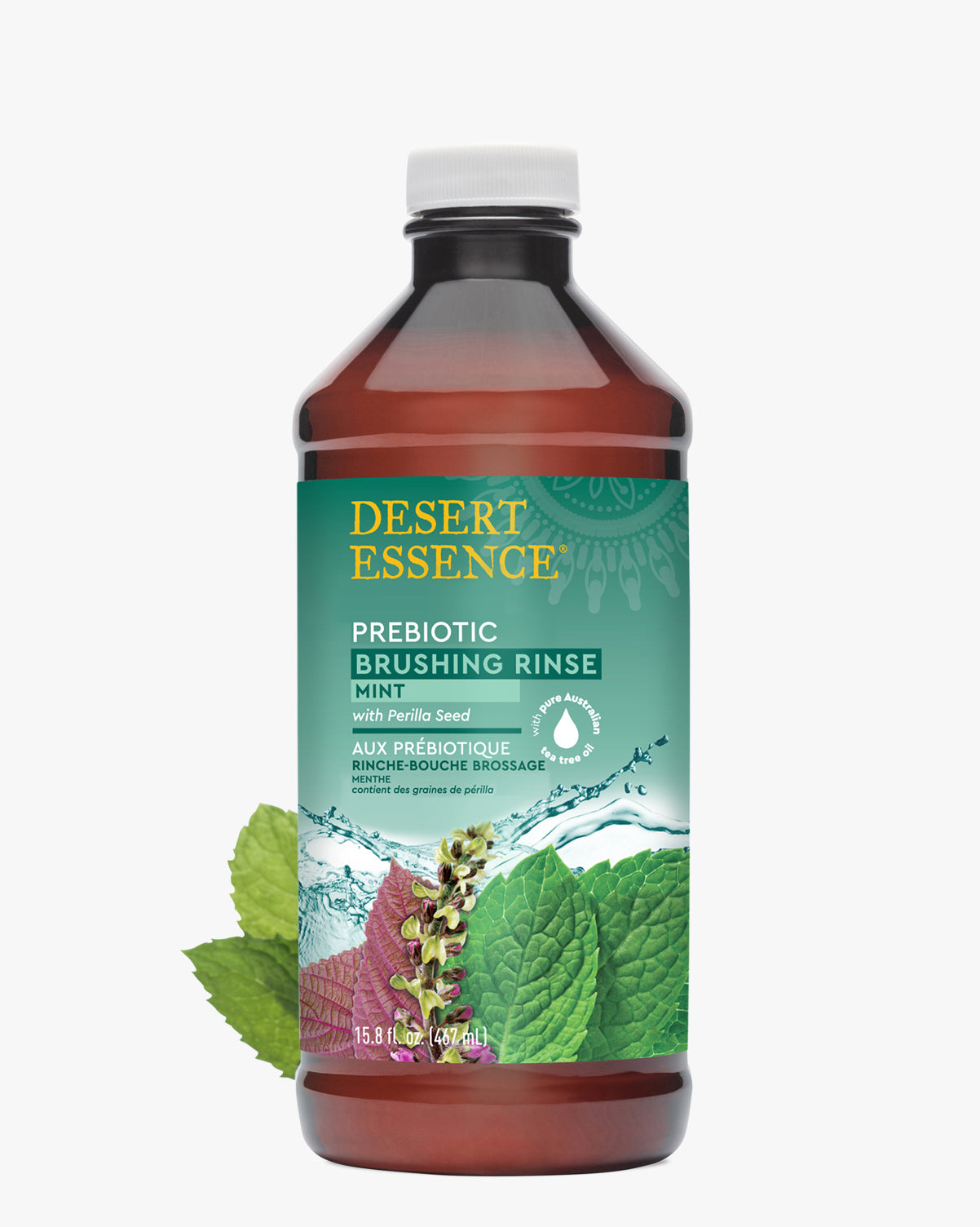 Desert Essence Prebiotic Brushing Rinse - Mint in amber bottle with green label, featuring mint leaf and water splash graphics, with natural oral care formula for maintaining fresh breath and healthy mouth microbiome