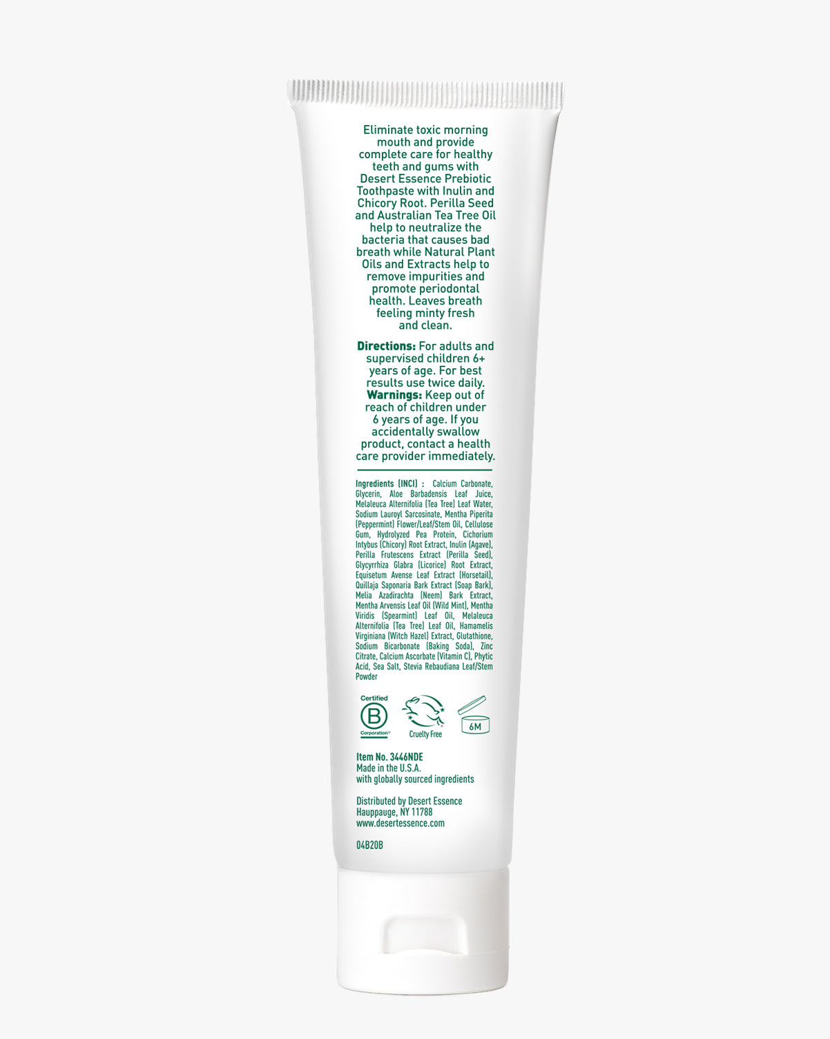 Prebiotic Toothpaste - Mint shown in white minimalist tube packaging with green text detailing ingredients and instructions, featuring natural botanical extracts and prebiotics for oral health and fresh breath