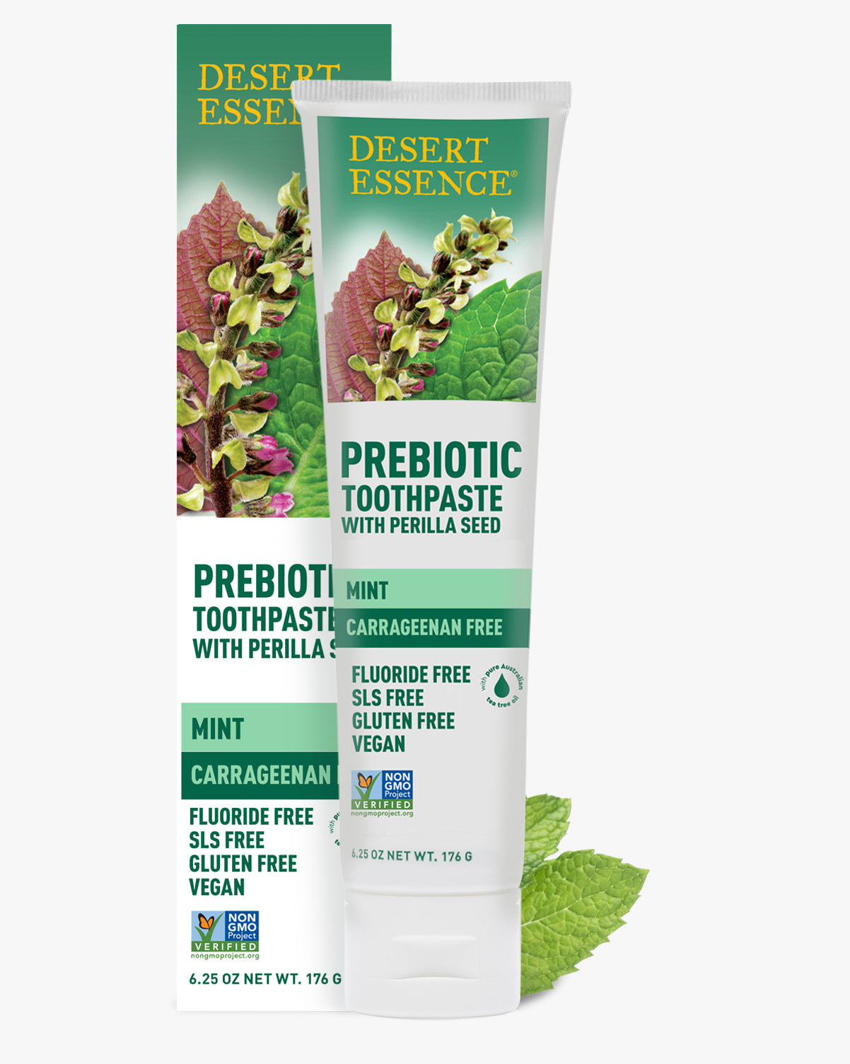 Desert Essence Prebiotic Toothpaste - Mint shown in white tube with green packaging featuring botanical leaf imagery. Product packaging displays key features: carrageenan-free, fluoride-free, vegan, and natural ingredients including perilla seed. Fresh mint leaf accent complements the product presentation.