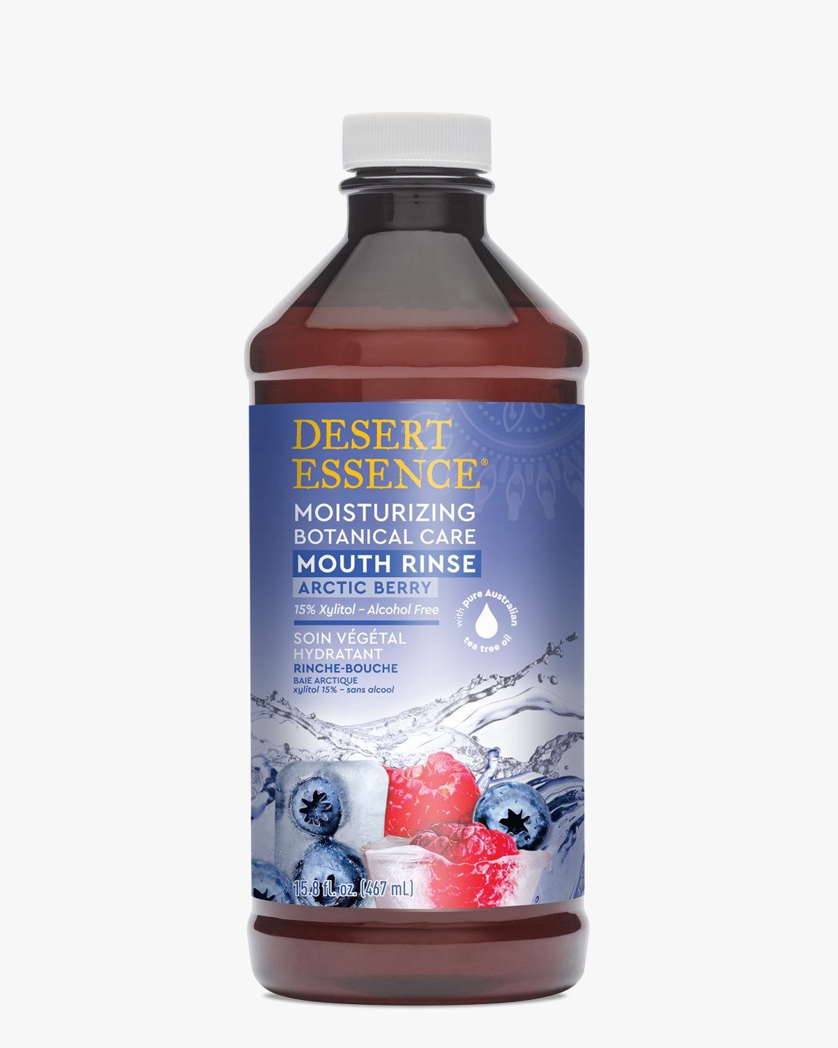 Desert Essence Moisturizing Mouth Rinse Arctic Berry in a brown bottle with blue label featuring water splash and berry graphics. White cap seals the botanical mouthwash containing natural ingredients for oral health and fresh breath.