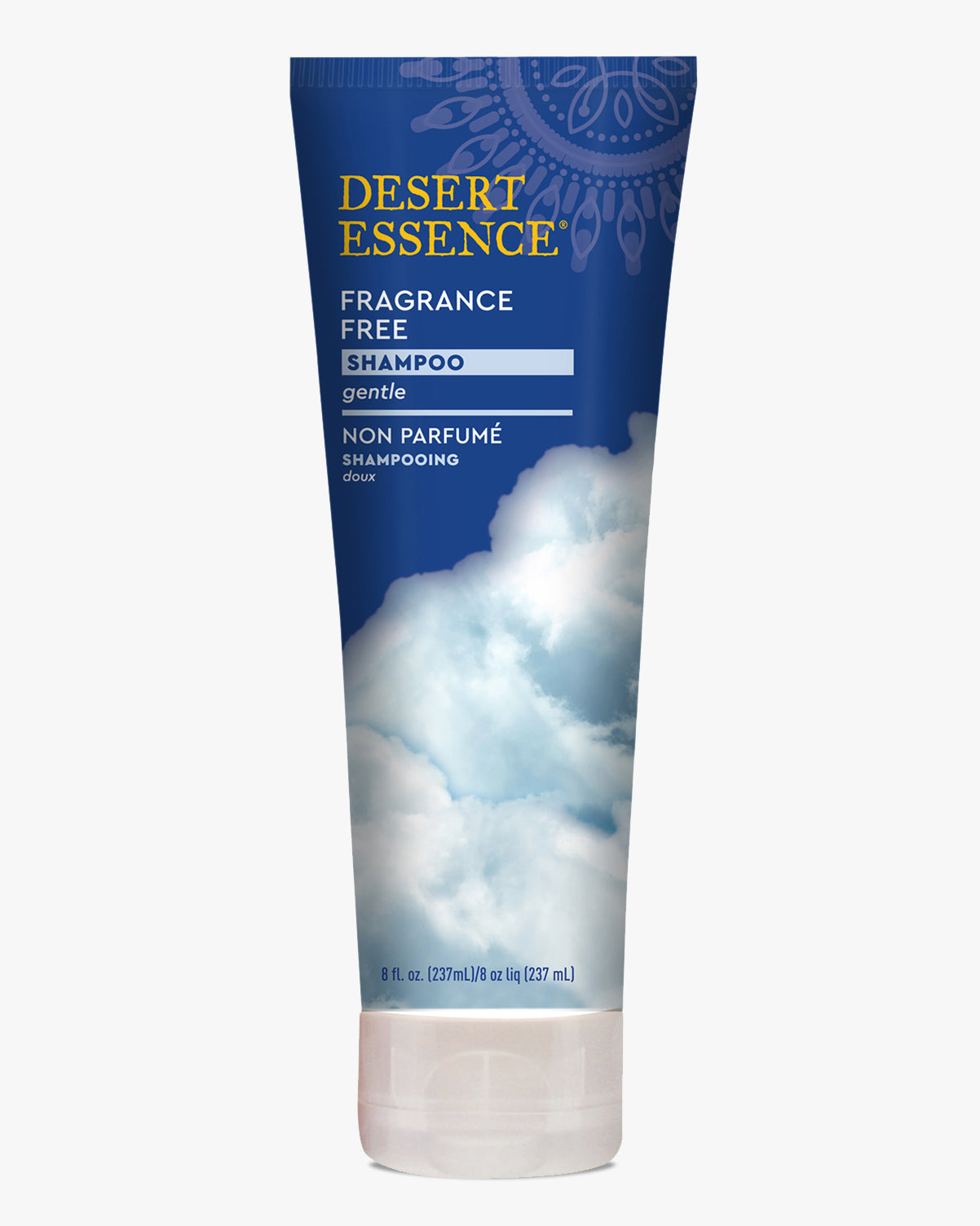 Desert Essence Fragrance Free Shampoo tube with blue packaging featuring cloud design, organic certified gentle formula in a white squeeze bottle with clear cap