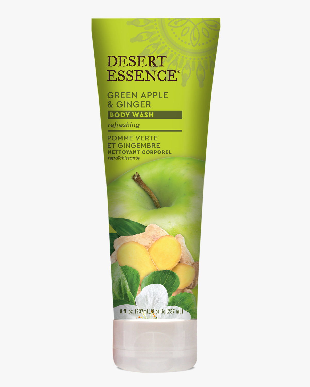 Desert Essence Green Apple & Ginger Body Wash tube featuring vibrant green apple and fresh ginger root imagery on a lime-green background. The natural body cleanser's packaging showcases botanical elements and bilingual English-French product information.