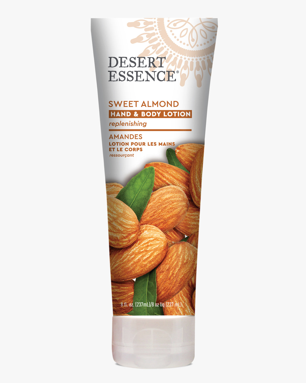 Desert Essence Sweet Almond Hand & Body Lotion tube featuring fresh almonds and green leaves on white packaging with orange accents, showcasing organic skincare product for replenishing dry skin.