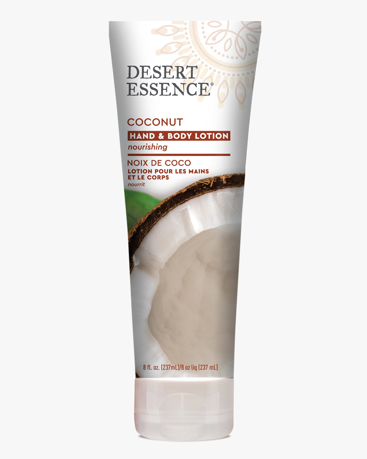 Desert Essence Coconut Hand & Body Lotion in a white squeeze tube featuring a fresh coconut image and botanical designs, showcasing natural nourishing skincare with bilingual English-French labeling