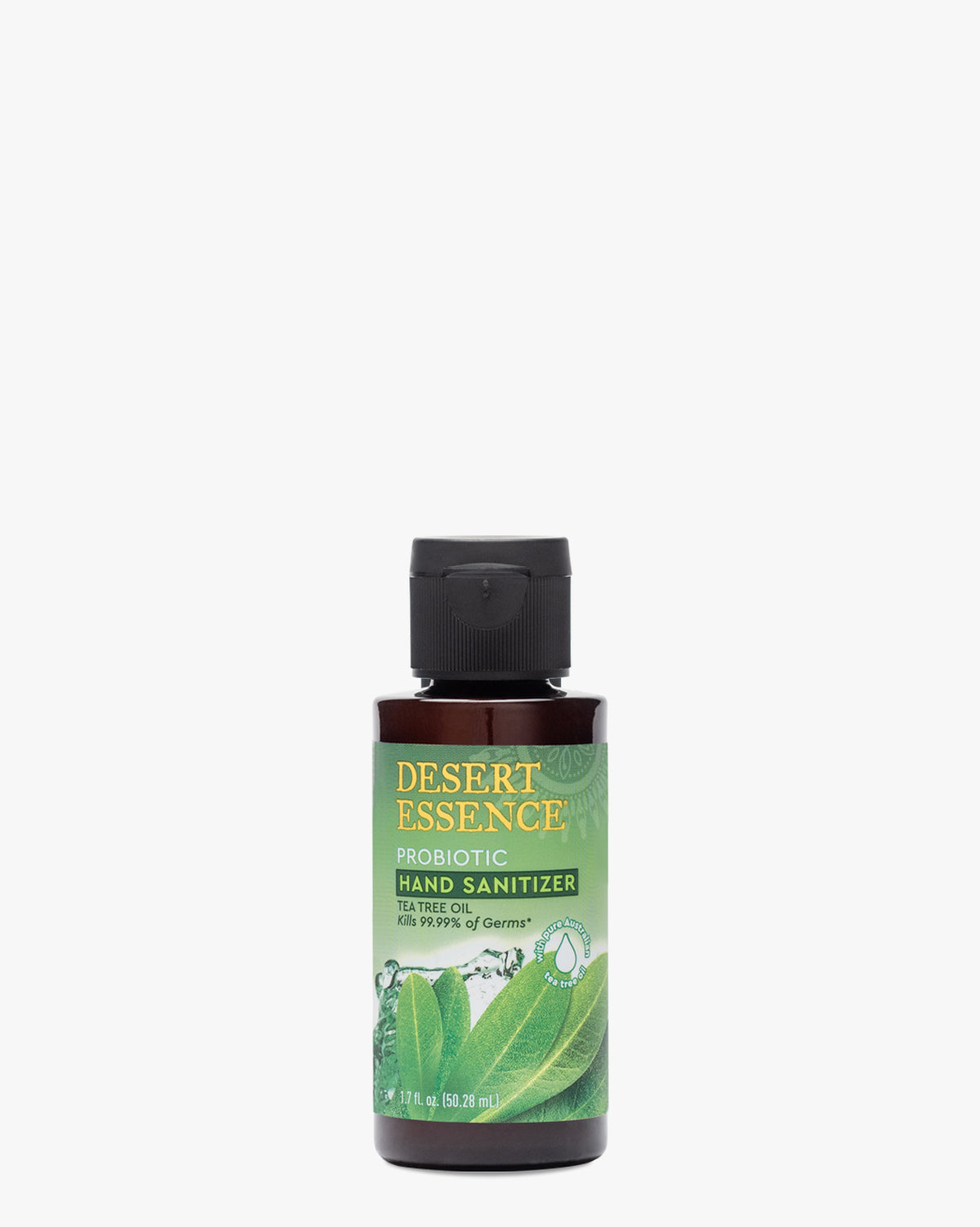 Desert Essence Tea Tree Oil Probiotic Hand Sanitizer 1.7oz bottle featuring a dark brown container with green label showing tea tree leaves, combining natural antibacterial properties with probiotic benefits for effective hand cleansing