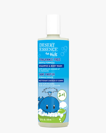 Desert Essence Fragrance Free Kids 2in1 Shampoo & Body Wash bottle featuring a playful blue cartoon whale design, with gentle formula text and bubbles on white background. Natural ingredients highlighted on clear plastic container with bright blue label.