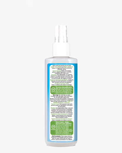 Fragrance Free Conditioning Detangler Spray for Kids 8 fl. oz. bottle shown in white plastic container with spray nozzle top, featuring blue and green label with product information on transparent background, showcasing gentle hair care formula for children