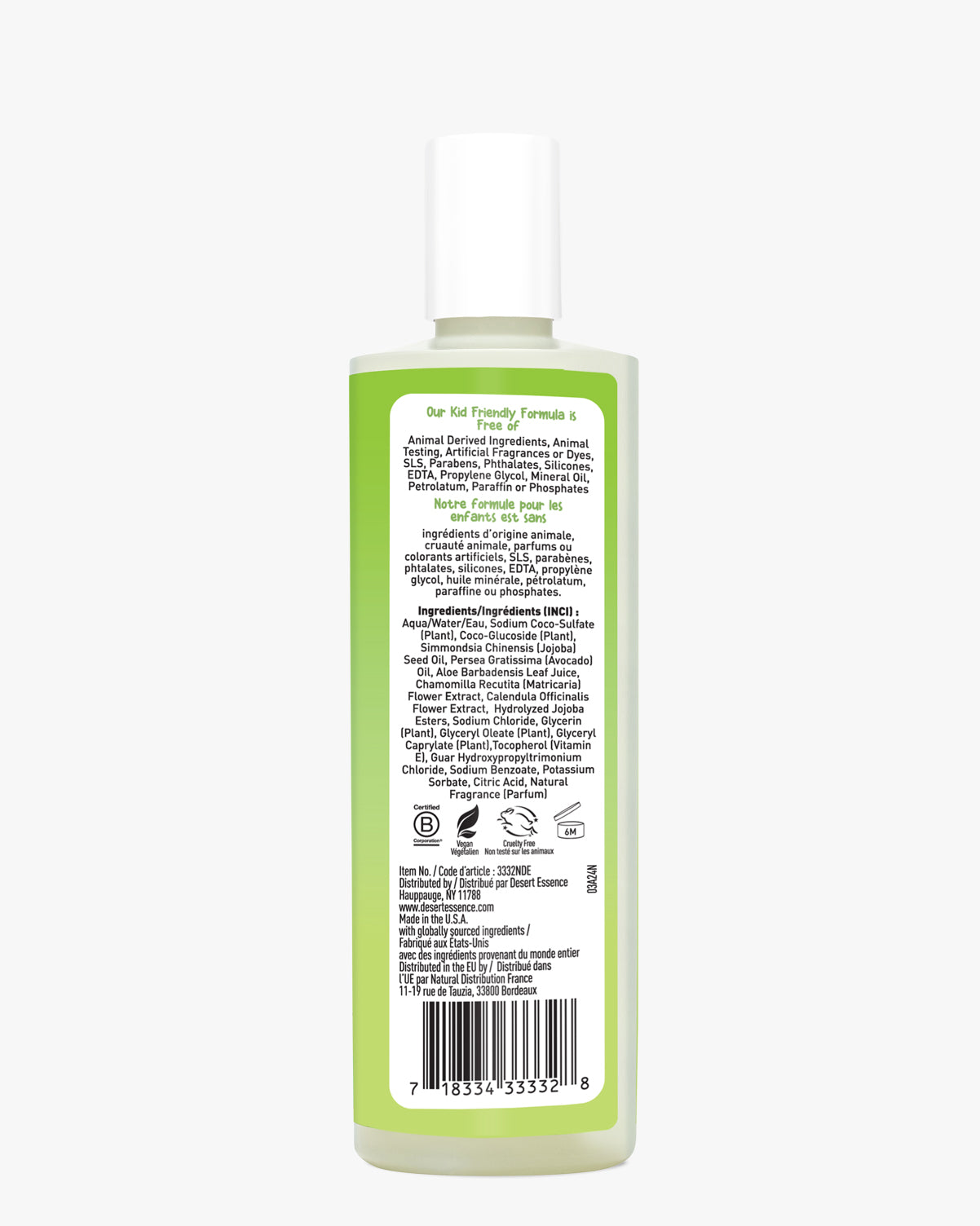 White bottle of Green Apple Watermelon Kids 2in1 Shampoo & Body Wash with green label displaying ingredients and product information, positioned vertically against white background. Natural formula for gentle cleansing features jojoba and avocado oils.