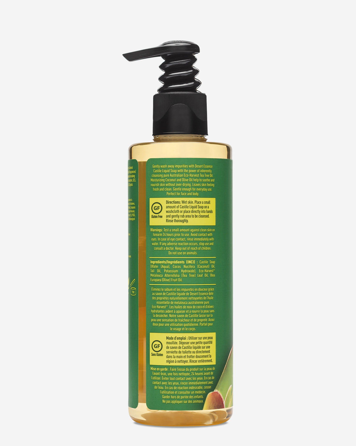 Tea Tree Oil Liquid Castile Soap in a clear bottle with black pump dispenser, showing golden-amber liquid soap with green label. Natural soap made with olive oil and eco-harvest tea tree oil for face, body, and hands.