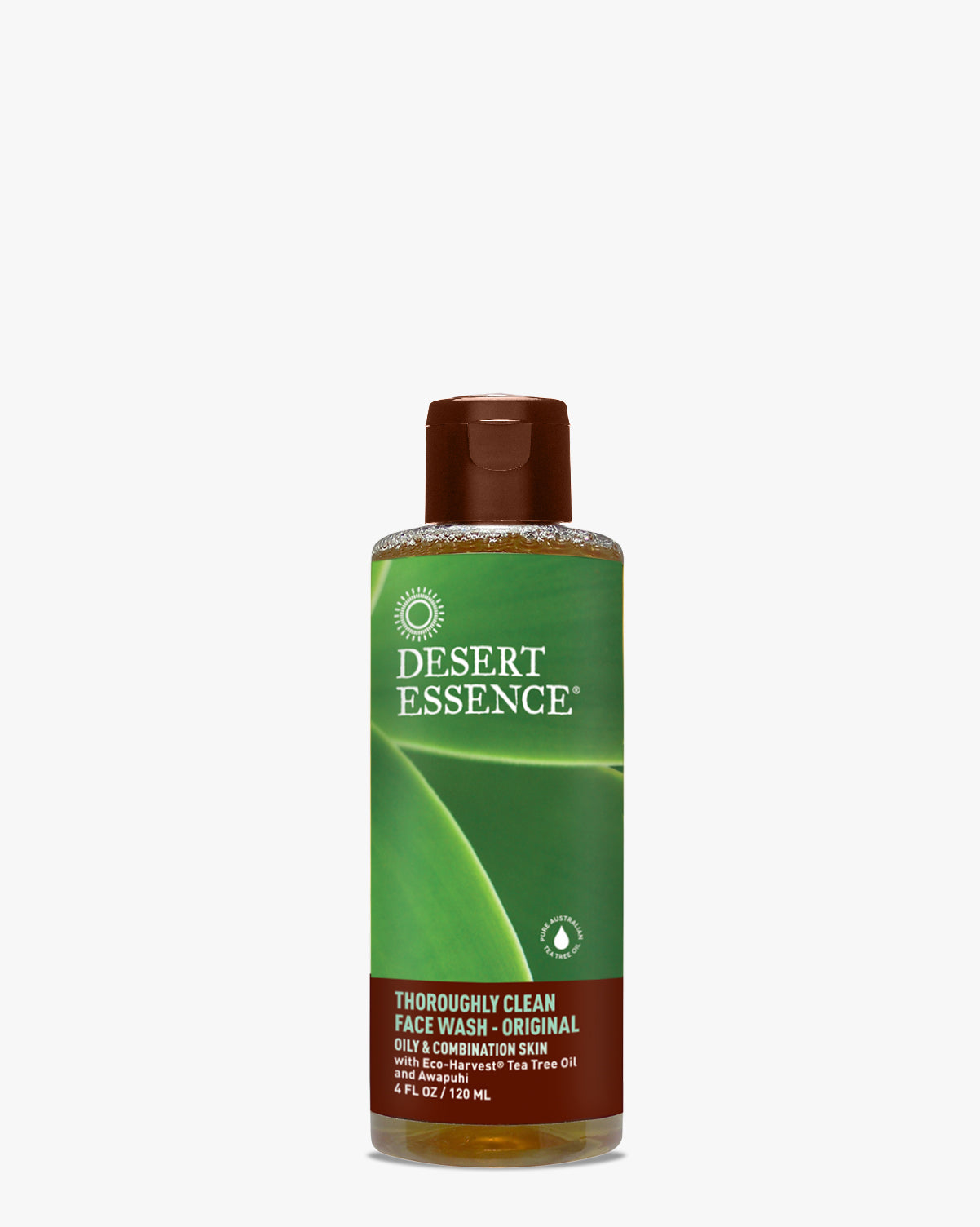 Desert Essence Thoroughly Clean Face Wash 4oz in clear bottle with brown cap, featuring green label design. Natural facial cleanser with tea tree oil and castile soap for daily cleansing of oily and combination skin types.