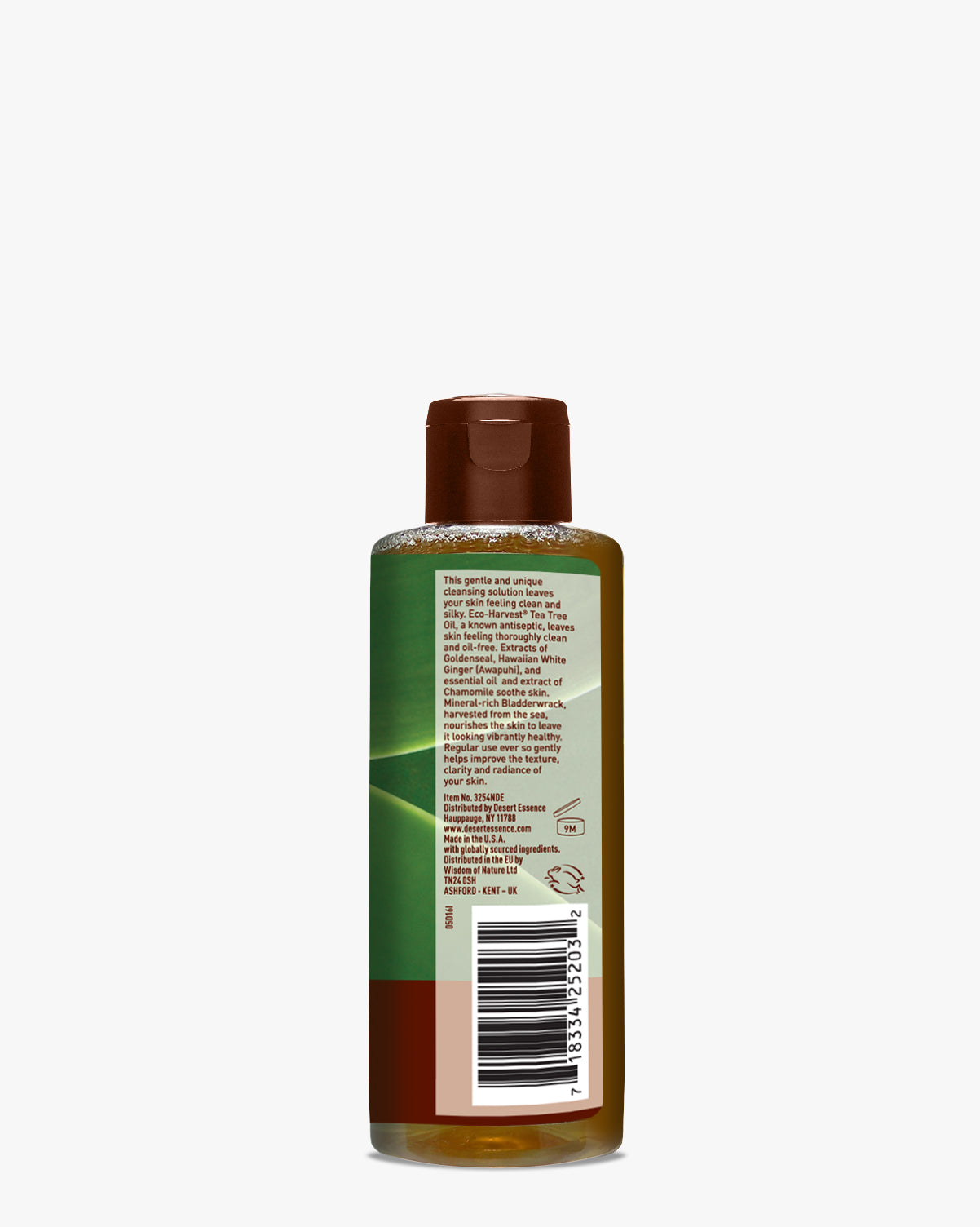 Thoroughly Clean Face Wash 4oz bottle featuring Tea Tree Oil, shown in clear amber liquid form with brown cap and green label, displayed against white background. Natural skincare cleanser in sleek cylindrical packaging.