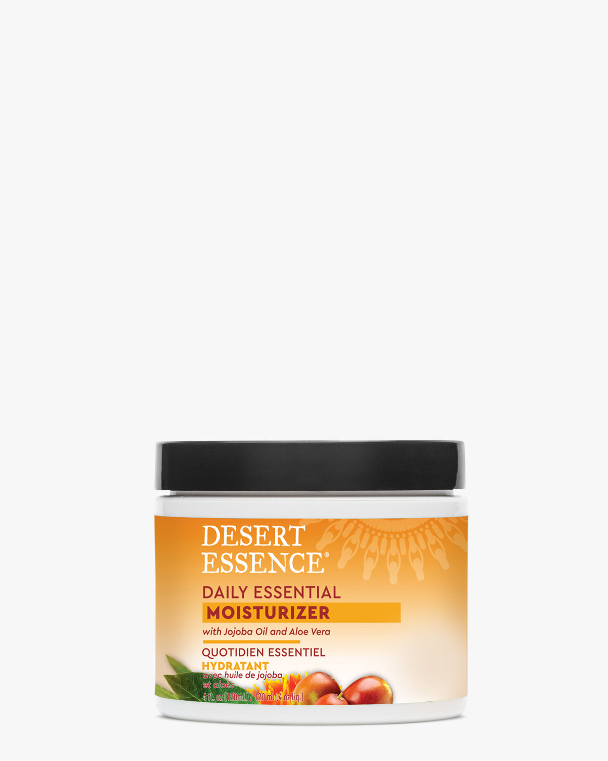 Daily Essential Facial Moisturizer by Desert Essence in a white jar with orange label, featuring aloe vera leaf and botanical elements. Product contains jojoba oil and aloe for natural skincare hydration.