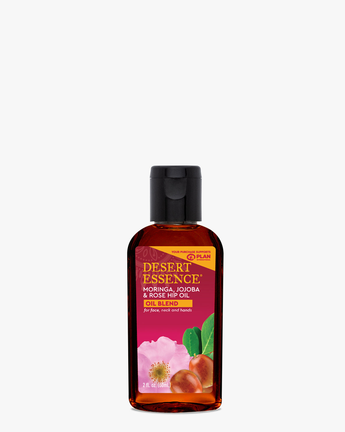 Moringa, Jojoba & Rose Hip Oil by Desert Essence in amber glass bottle with pink rose and botanical illustrations on label, showcasing natural skincare blend for face, neck and hands against white background.